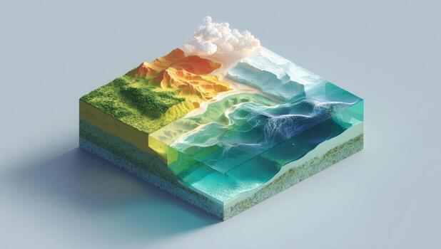 A 3d model of a mountain and ocean photo