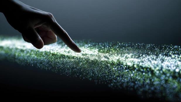 A person touching a finger on a screen with a green light photo