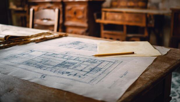 Architectural plans on a table with pencils and paper photo