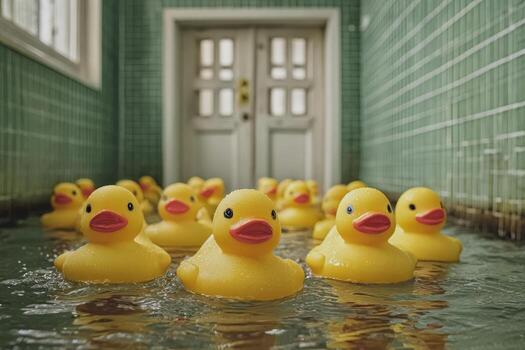 A group of rubber ducks in a flooded room photo