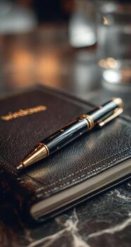 A pen and a notebook on a table photo