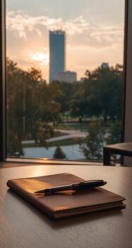 A notebook and pen on a table in front of a window photo
