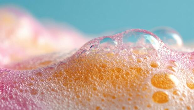 Close up of soap bubbles on a blue background photo