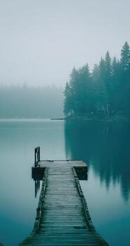 A dock in the middle of a lake with trees photo