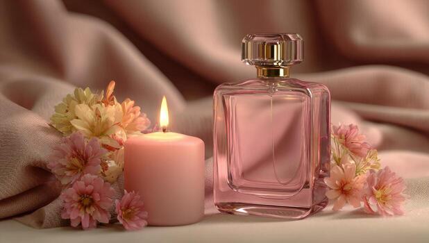 A perfume bottle and a candle on a table with pink flowers photo