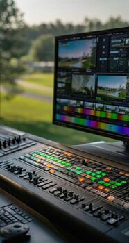 A computer monitor with multiple screens and a keyboard photo