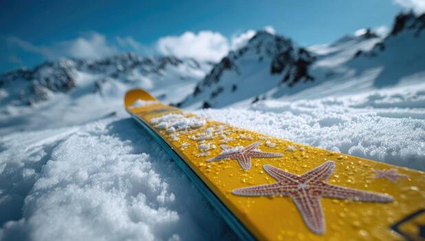 A yellow snowboard with starfish on it sitting on top of the snow photo