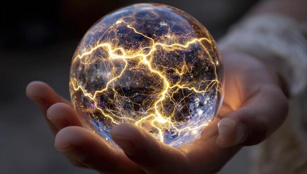 A person holding a glowing orb with lightning in it photo