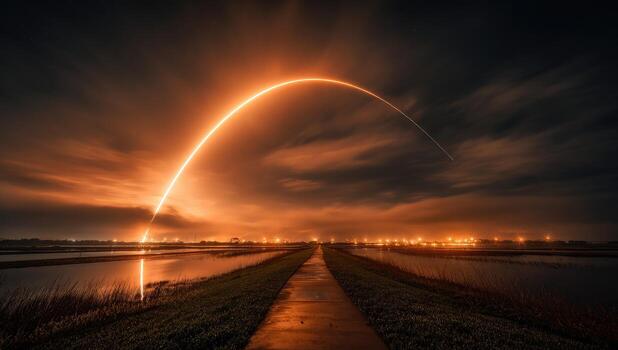 A long exposure photograph of a rocket launching into the sky photo