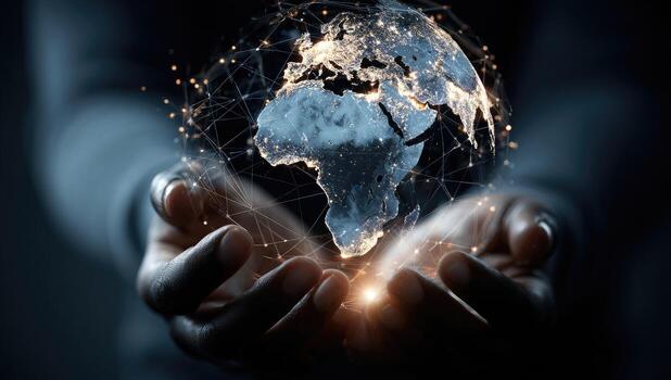African man holding world map with network connection photo