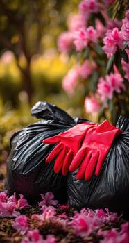 A pair of gloves and a black garbage bag photo