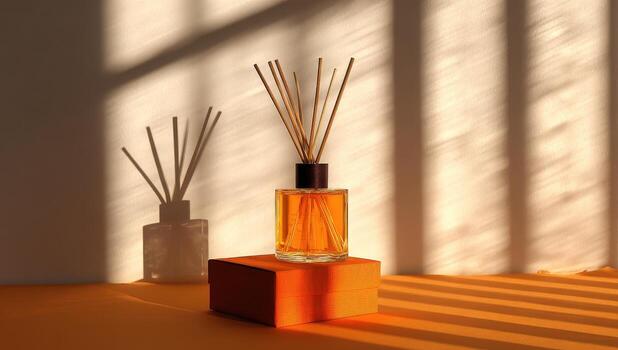 A vase of reed sticks on a table with sunlight photo