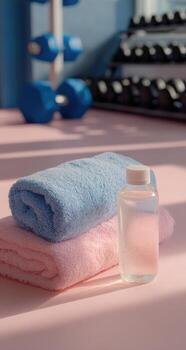 A bottle of water and a towel on a table photo