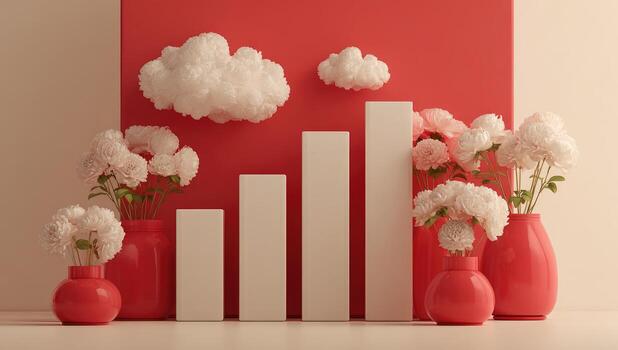 A red wall with white clouds and vases with flowers photo