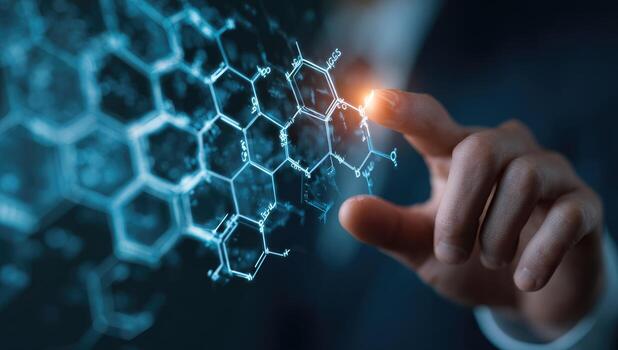 Hand touching a molecule on a futuristic background photo