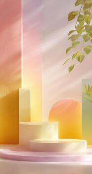 A colorful room with a plant and some colorful objects photo