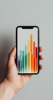 Hand holding smartphone with colorful bar chart on screen photo