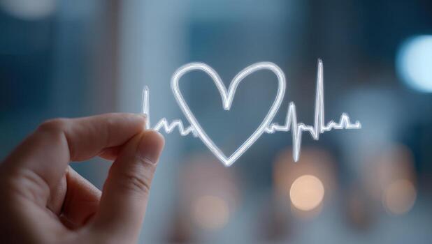 A person holding a heart with a heartbeat on a screen photo