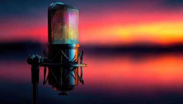 A microphone is sitting in front of a sunset photo