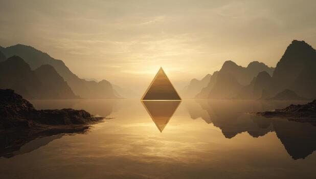 A triangle is reflected in the water with mountains in the background photo
