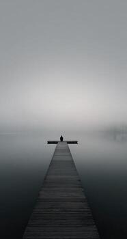 A lone person sitting on a dock in the fog photo