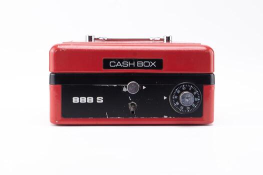 Red Cash Box with Combination Lock and Key on White Background Front View. photo