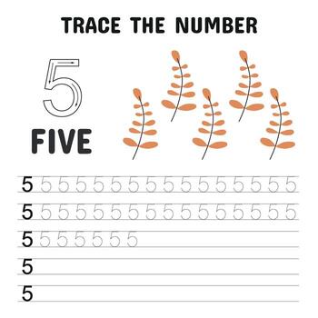 Number tracing worksheet for kids featuring number 5 with handwriting practice lines and five illustrated leaves for counting vector