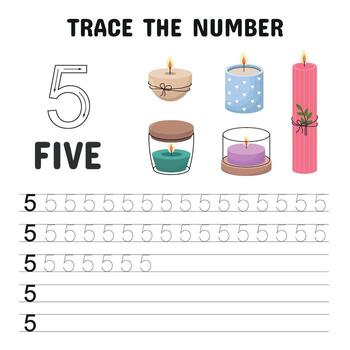 Trace the Number 5 Printable for Early Learners and Kids. Number tracing worksheet for kids featuring number 5 with handwriting practice lines and five decorative candles for visual counting vector