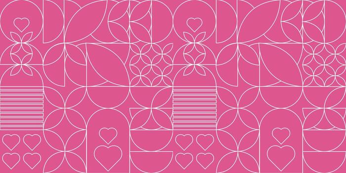 sin costura geométrico modelo con blanco contorno ilustraciones de corazones, flores, círculos, y arcos en un vibrante rosado antecedentes en un minimalista lineal estilo vector