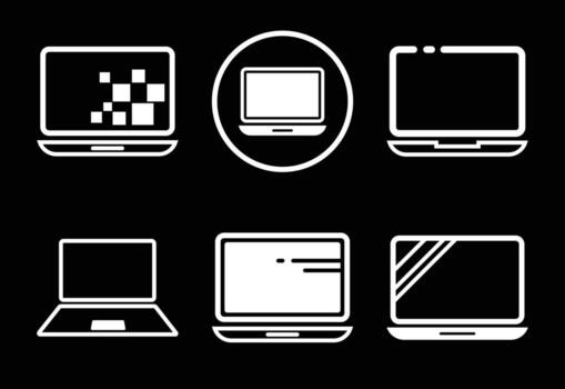 Collection of White Laptop Computer Icons Symbolizing Technology and Modern Computing Devices Graphic Representations vector