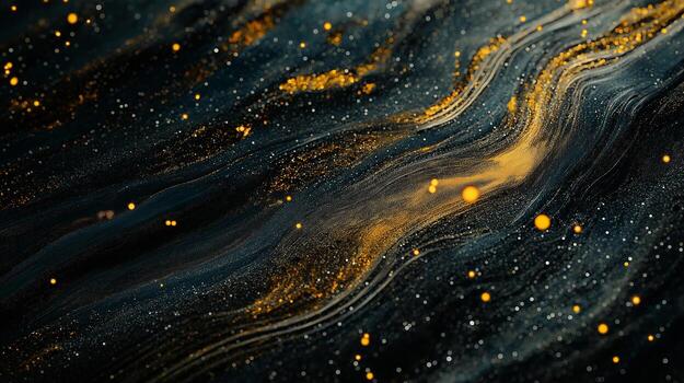 Elegant dark abstract background with flowing gold sparkles and floating particles photo