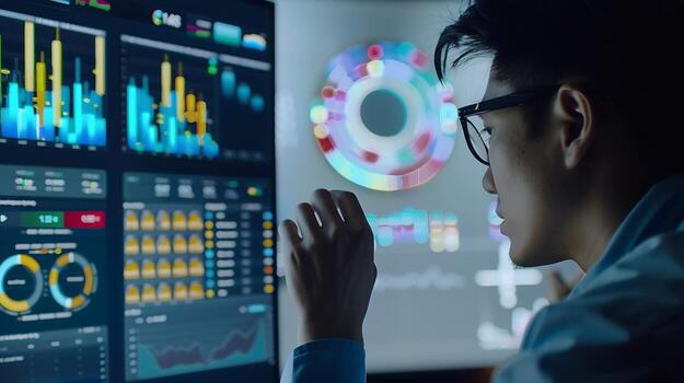 A man in glasses looking at a computer screen with graphs and charts photo