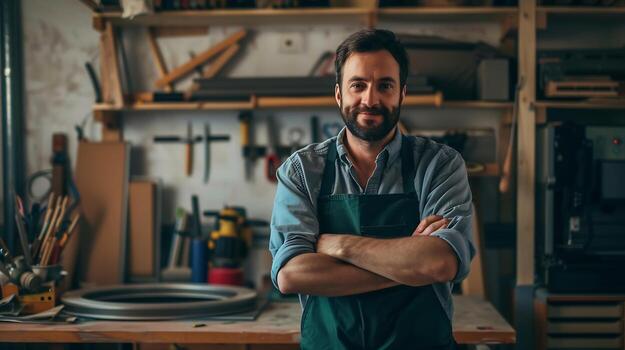 A man with a beard and apron standing in front of a workshop photo
