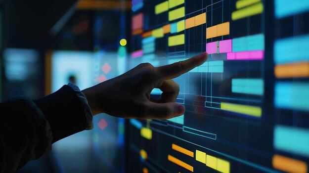 A person pointing at a computer screen with a colorful bar chart photo