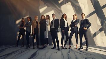 un grupo de negocio personas en pie en frente de un pared foto