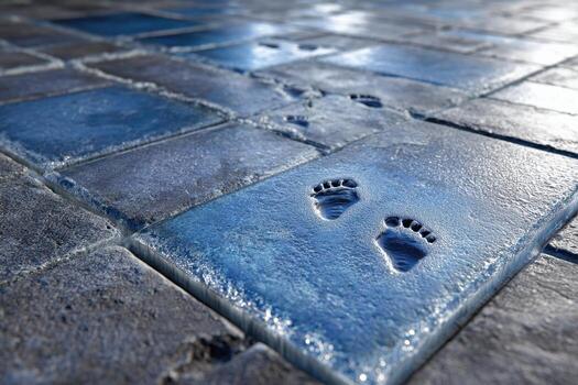 Footprints on a shiny blue stone path after a rainstorm create a unique pattern in the garden photo