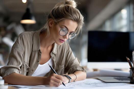 Creative professional sketches designs in modern workspace during daytime photo