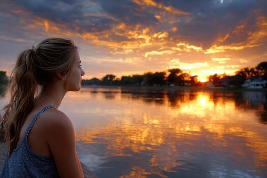 Enjoying a tranquil sunset by the riverside with reflections in the water photo