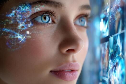 Exploration of artificial intelligence through a young woman's gaze in a futuristic setting photo
