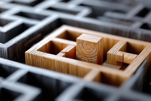 Intricate wooden maze design highlighting a single central block in detailed craftsmanship photo