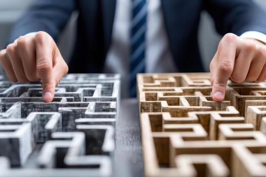 Two contrasting maze models showcased by hands in a corporate setting photo