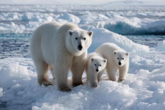 Polar bears and cubs exploring arctic ice in a serene landscape near the ocean photo
