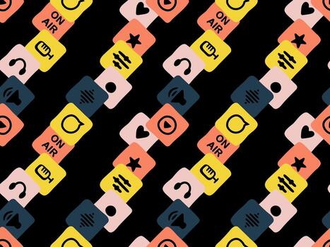 Podcast doodle pattern with music and audio icons. Seamless hand drawn background including microphone, headphones, play, ON AIR and fun sketch elements for radio, playlist and multimedia projects. vector