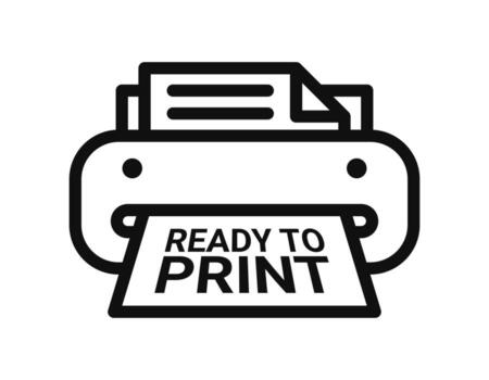 Black and white illustration of a printer with paper coming out showing the text Ready to Print. Simple flat line icon for printing service vector