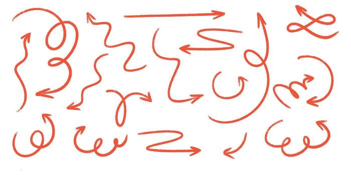 Red crayon arrow set with hand drawn curved and straight directional pointers for informal designs. vector