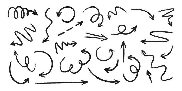 negro lápiz de color flecha bocetos con áspero textura y mano dibujado direccional formas para casual gráficos. vector