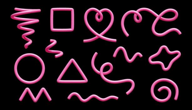 Pink 3d line doodle set with abstract shape designs and glossy tubes on black background for modern graphics. vector