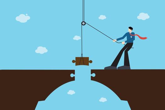 Problem Solving Illustration of Entrepreneur Pulling Puzzle Piece to Complete Bridge, Business Challenge, Risk Management, Creative Solution, and Corporate Success Concept vector