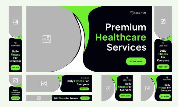 Customizable digital healthcare services web set banner design for social media post, daily medical services web bundle banner design, fully customizable eps 10 file format vector
