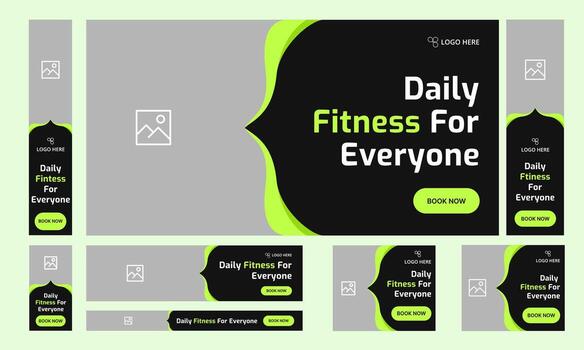 Editable body fitness services web bundle banner design for social media post, daily exercise methods web set banner design, fully customizable eps 10 file format vector